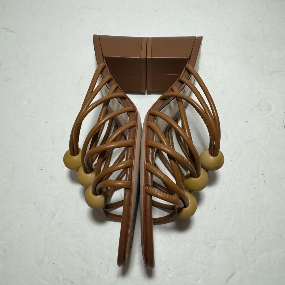 SCHUTZ Roanna Strappy Wood-Bead Brown Slide Block Heel Sandals Size 7.5 - Picture 10 of 14